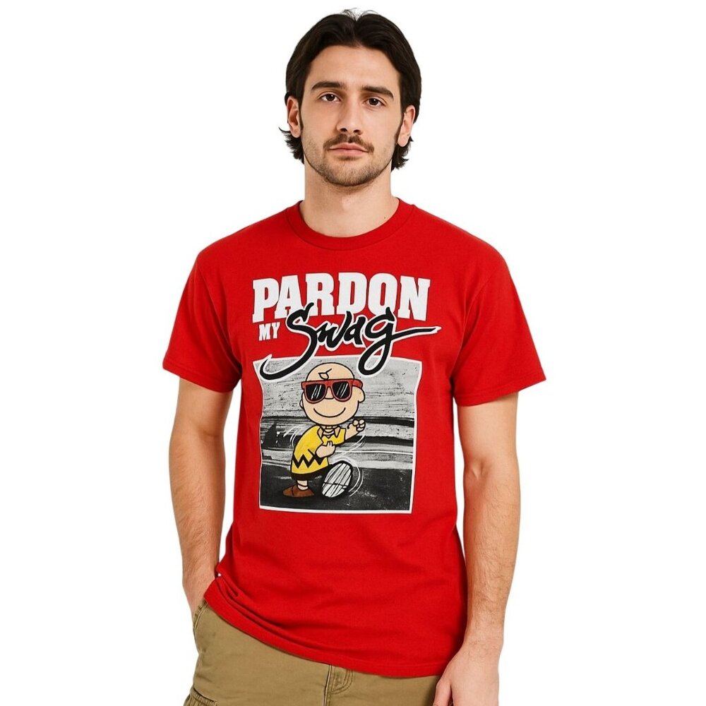 Peanuts Mens SM Charlie Brown T-Shirt "Pardon My Swag" Dancing Graphic Tee Red